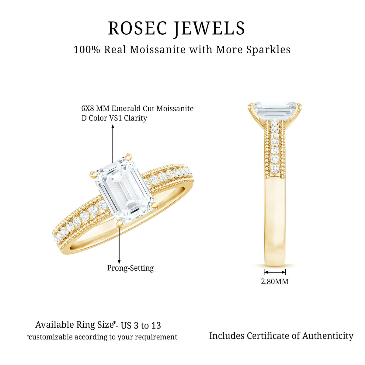 6X8 mm Emerald Cut Moissanite Solitaire Engagement Ring with Beaded Details