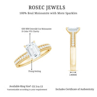 6X8 mm Emerald Cut Moissanite Solitaire Engagement Ring with Beaded Details