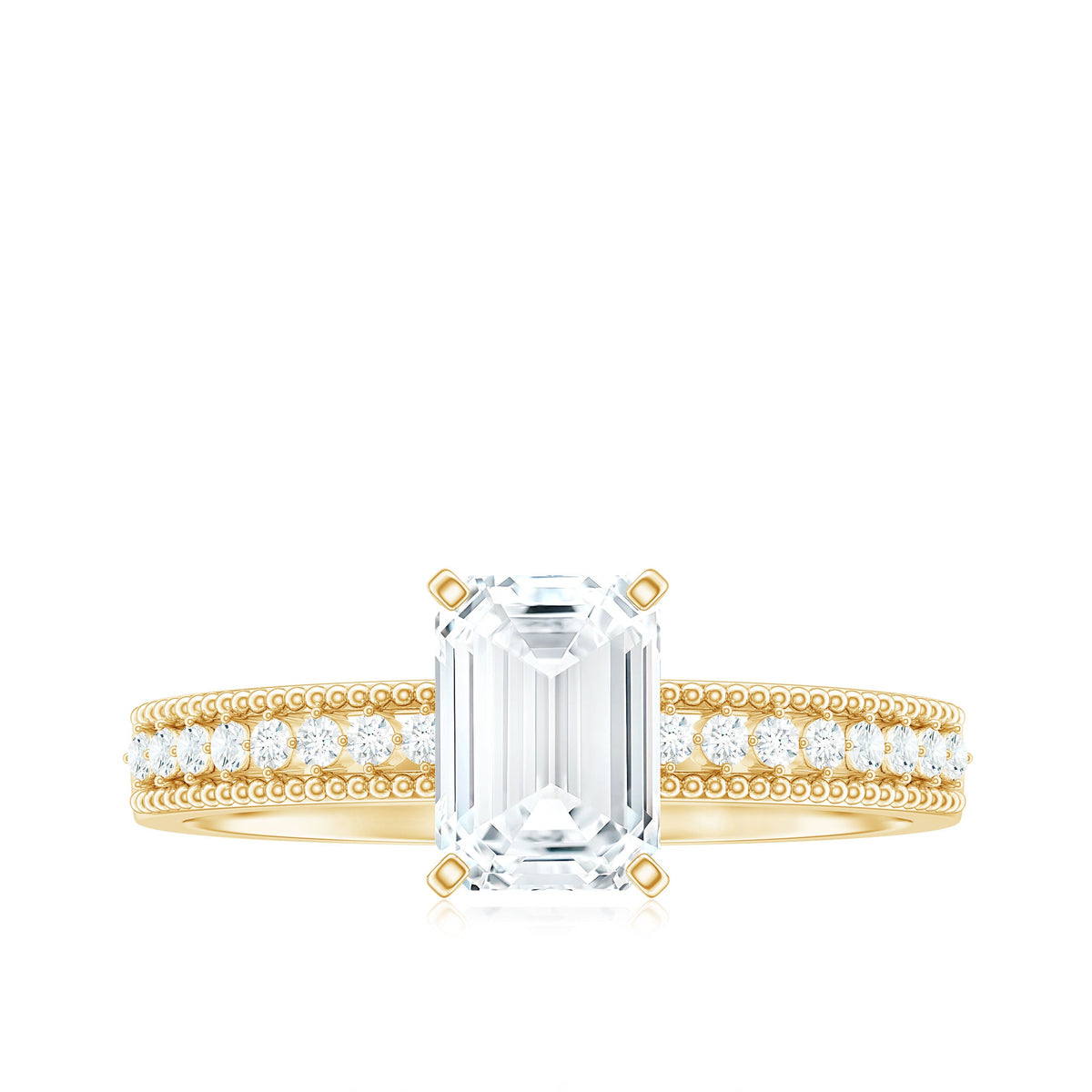 6X8 mm Emerald Cut Moissanite Solitaire Engagement Ring with Beaded Details