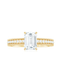 6X8 mm Emerald Cut Moissanite Solitaire Engagement Ring with Beaded Details