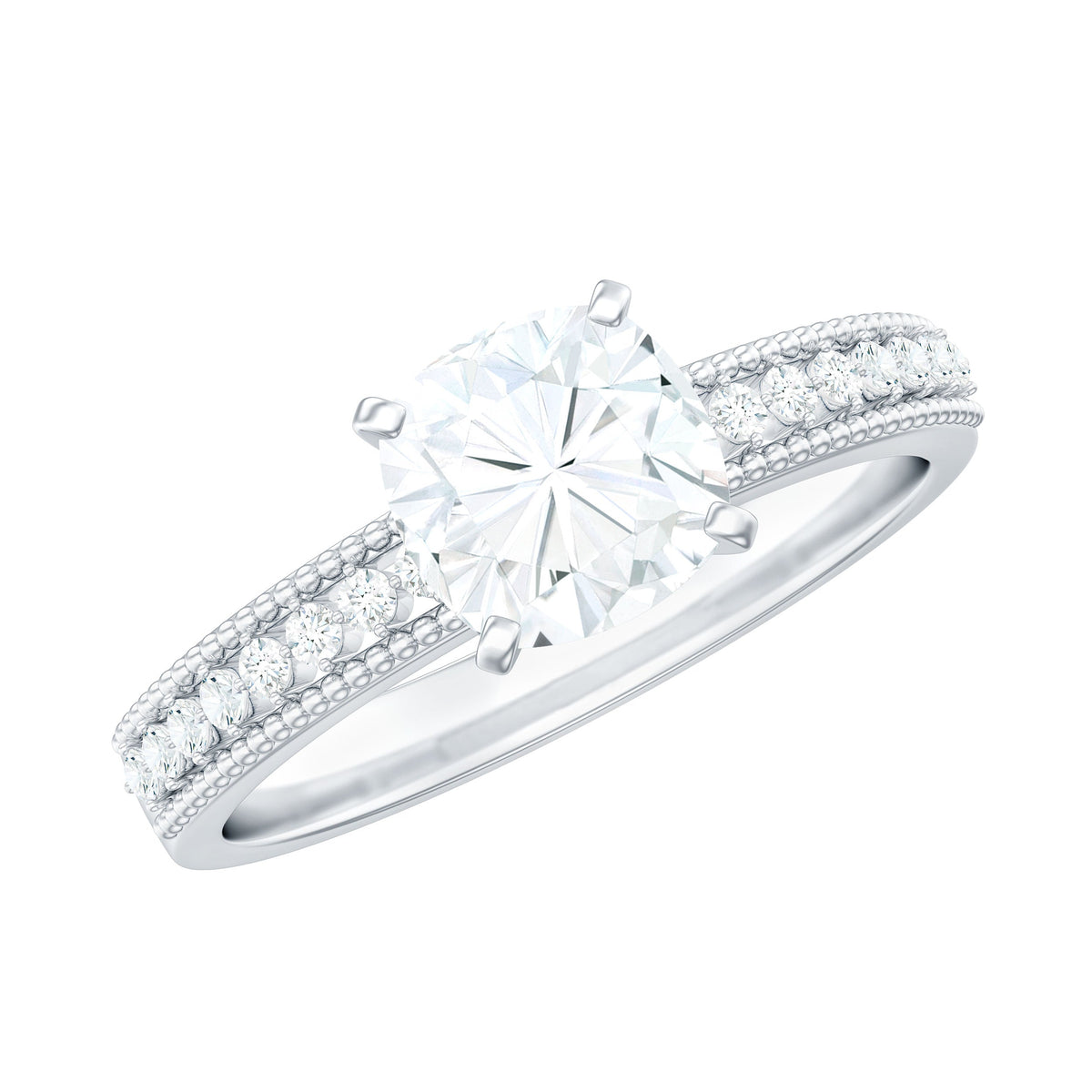 6mm Cushion Cut Moissanite Solitaire Engagement Ring with Beaded Details