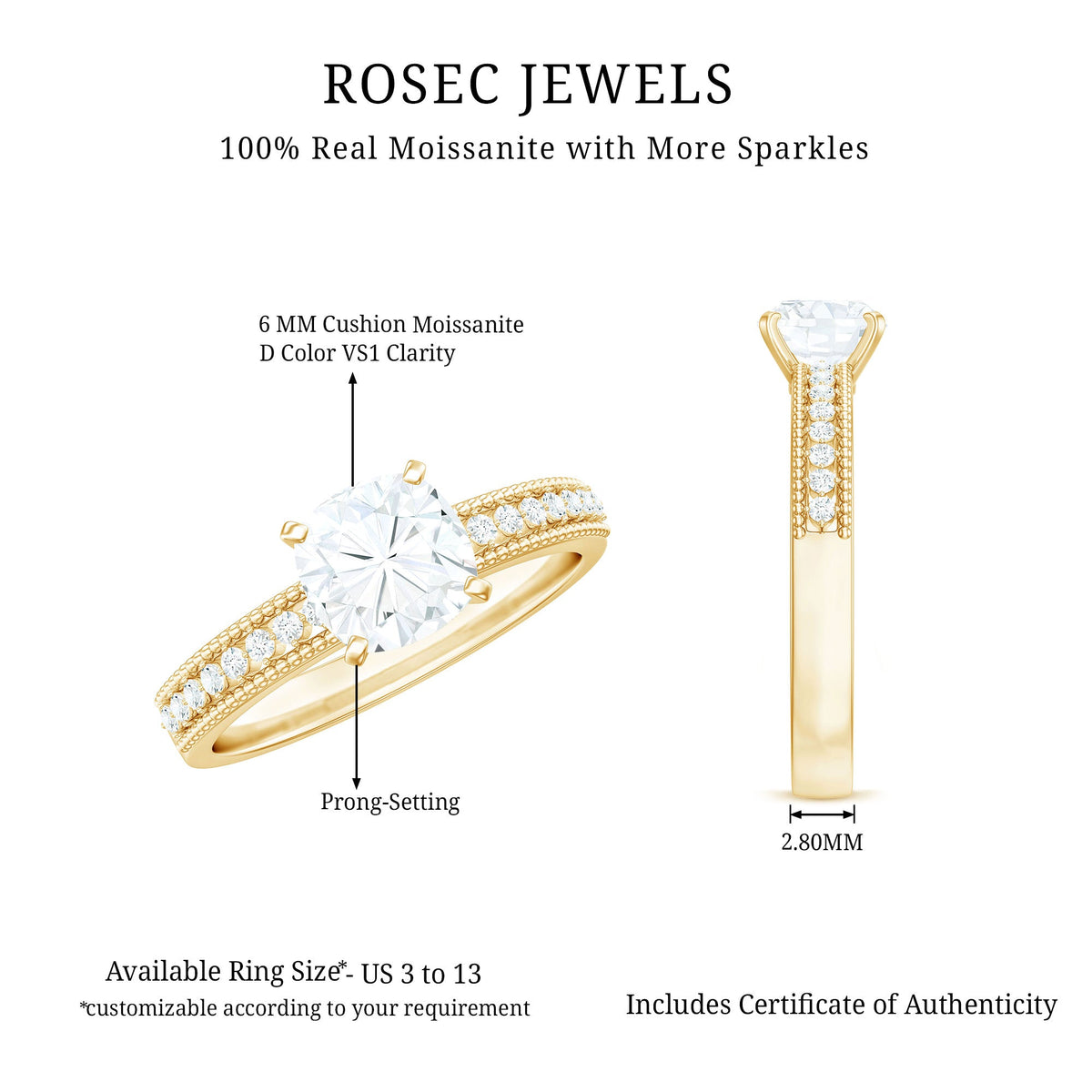 6mm Cushion Cut Moissanite Solitaire Engagement Ring with Beaded Details