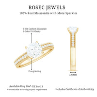 6mm Cushion Cut Moissanite Solitaire Engagement Ring with Beaded Details