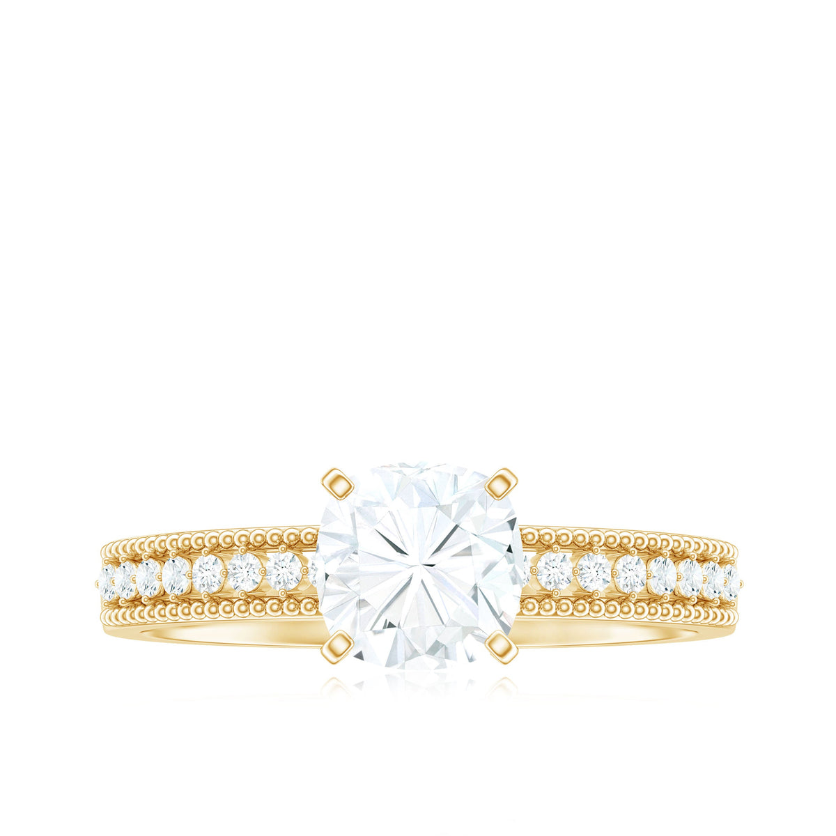 6mm Cushion Cut Moissanite Solitaire Engagement Ring with Beaded Details