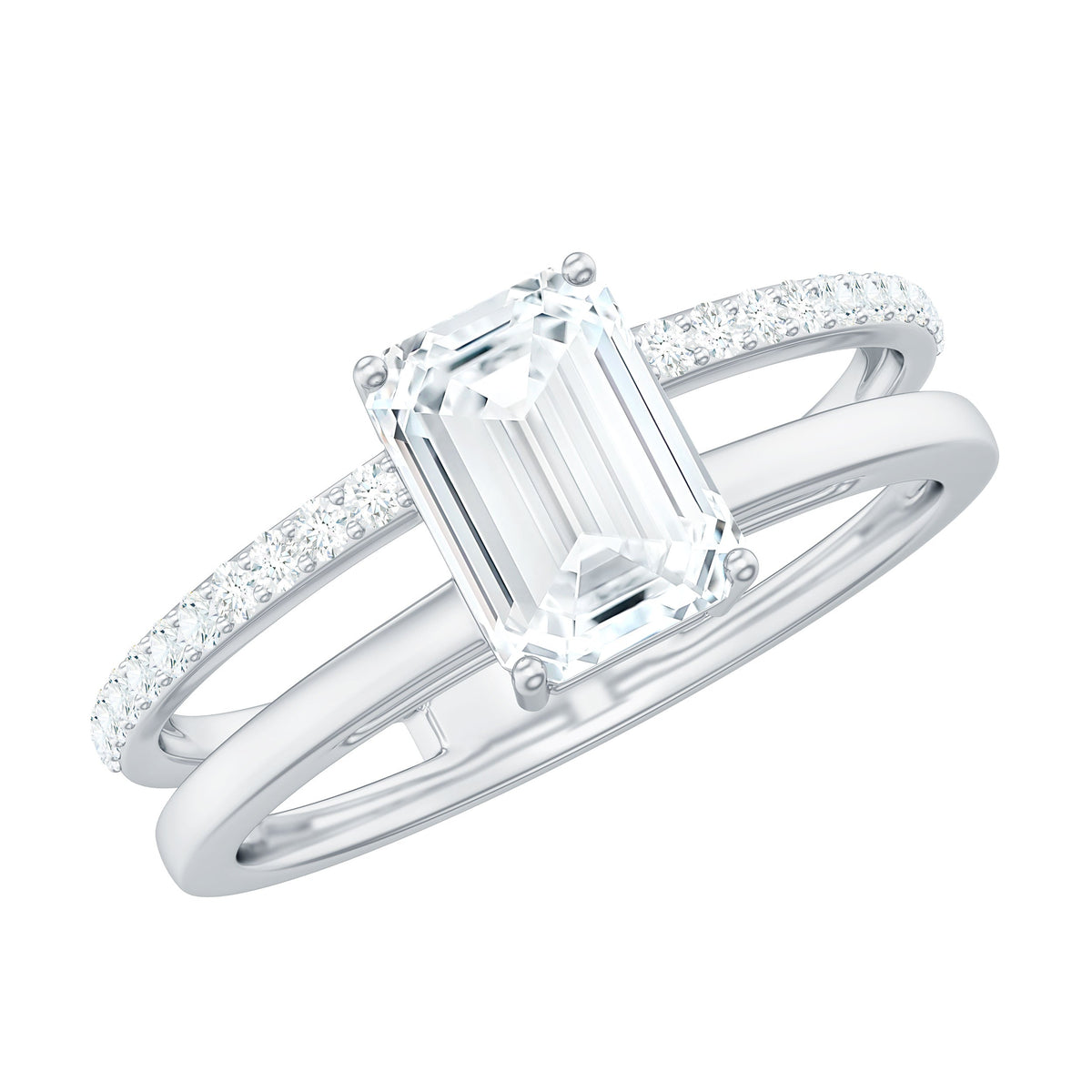 6X8mm Emerald Cut Moissanite Double Band Engagement Ring