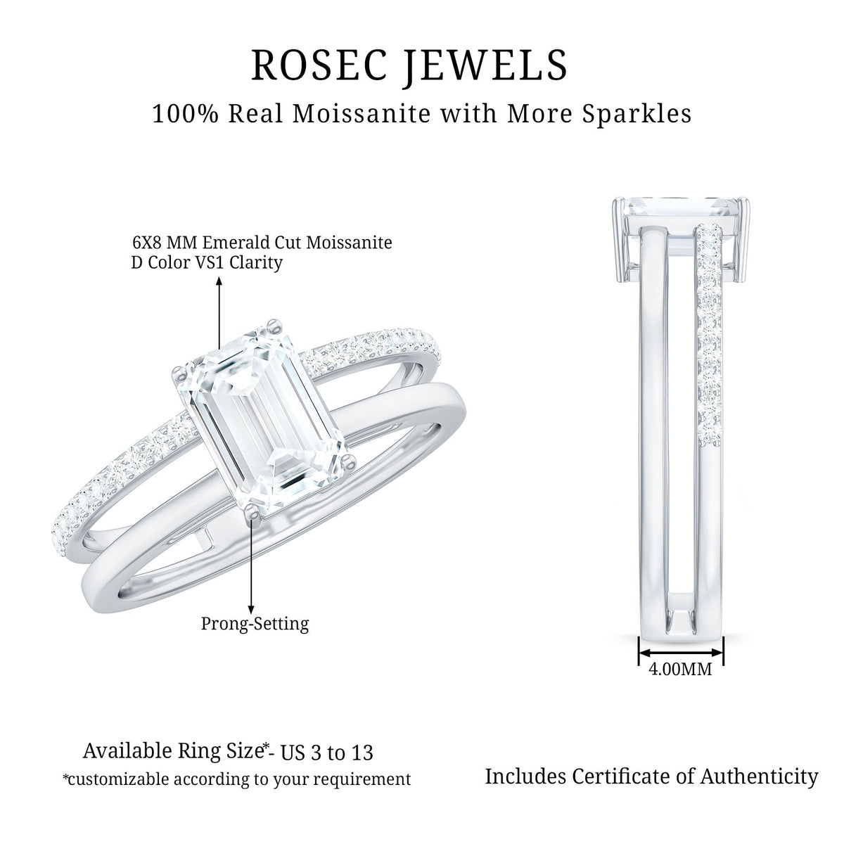6X8mm Emerald Cut Moissanite Double Band Engagement Ring