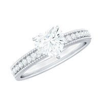 7X7 MM Heart Shape Moissanite Engagement Ring with Side Stones and Beaded Details