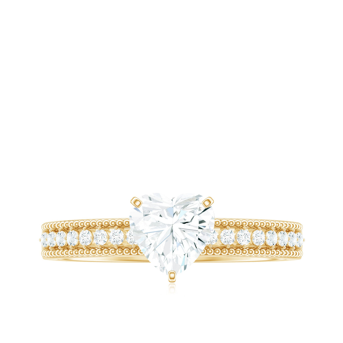 7X7 MM Heart Shape Moissanite Engagement Ring with Side Stones and Beaded Details