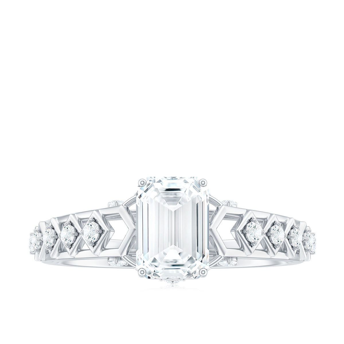 6X8 MM Emerald Cut Moissanite Solitaire Engagement Ring with Side Stones