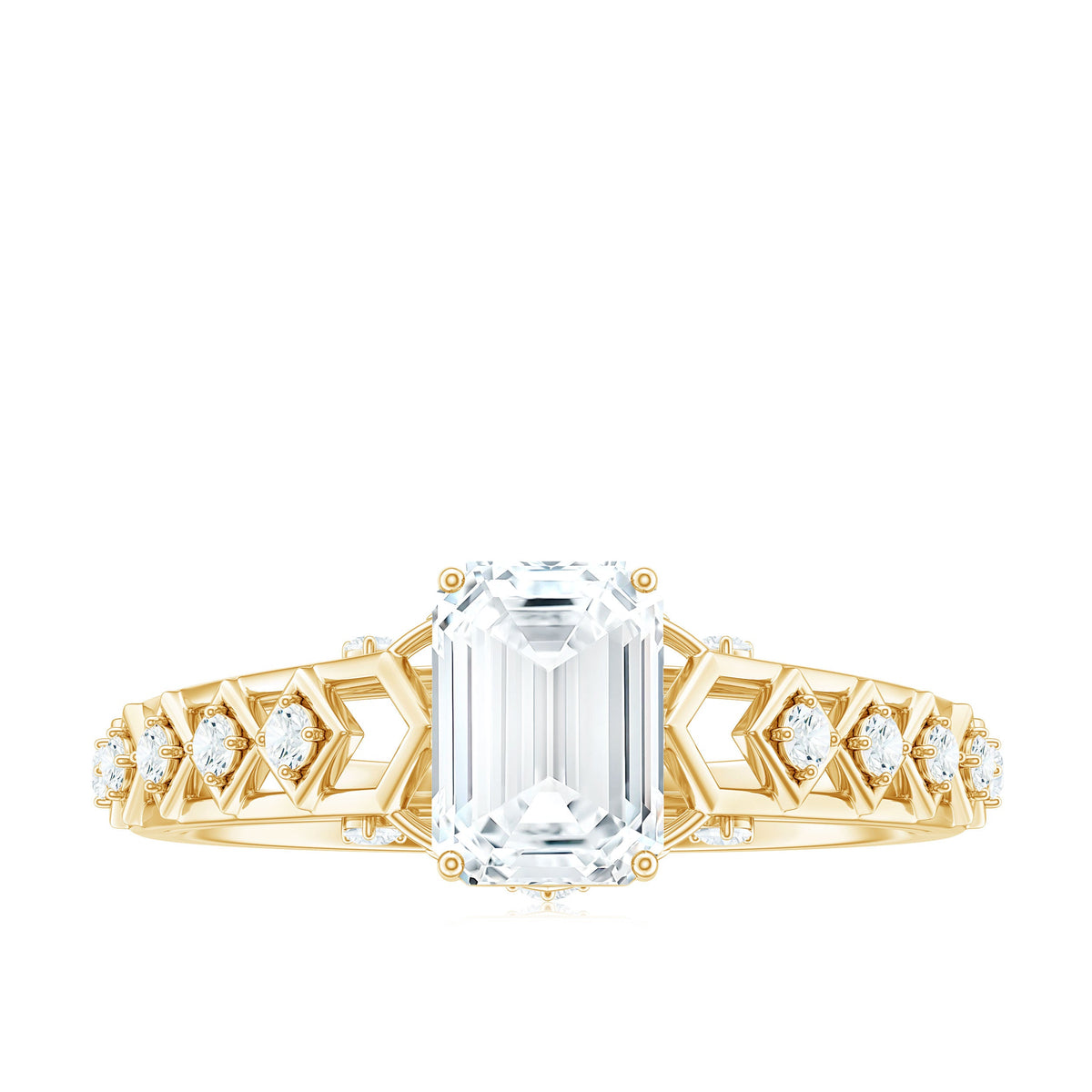 6X8 MM Emerald Cut Moissanite Solitaire Engagement Ring with Side Stones