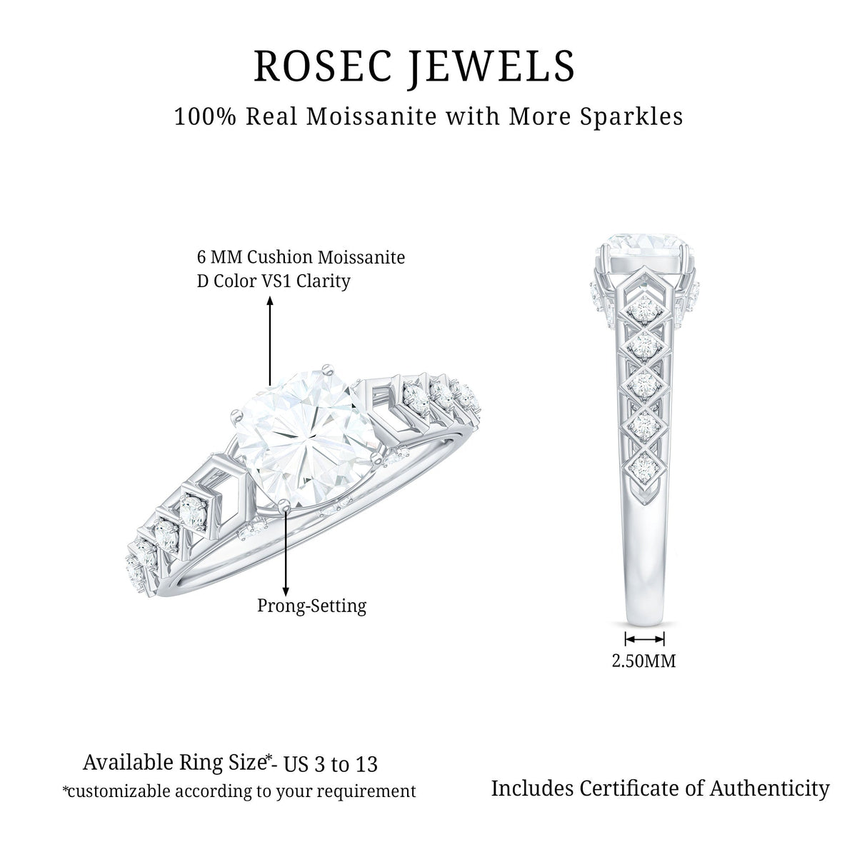 6mm Cushion Cut Certified Moissanite Solitaire Engagement Ring