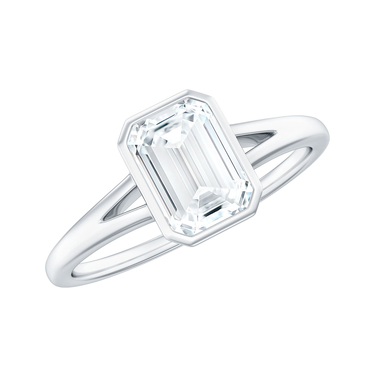 6X8mm Emerald Cut Moissanite Bezel Set Engagement Ring with Split Shank