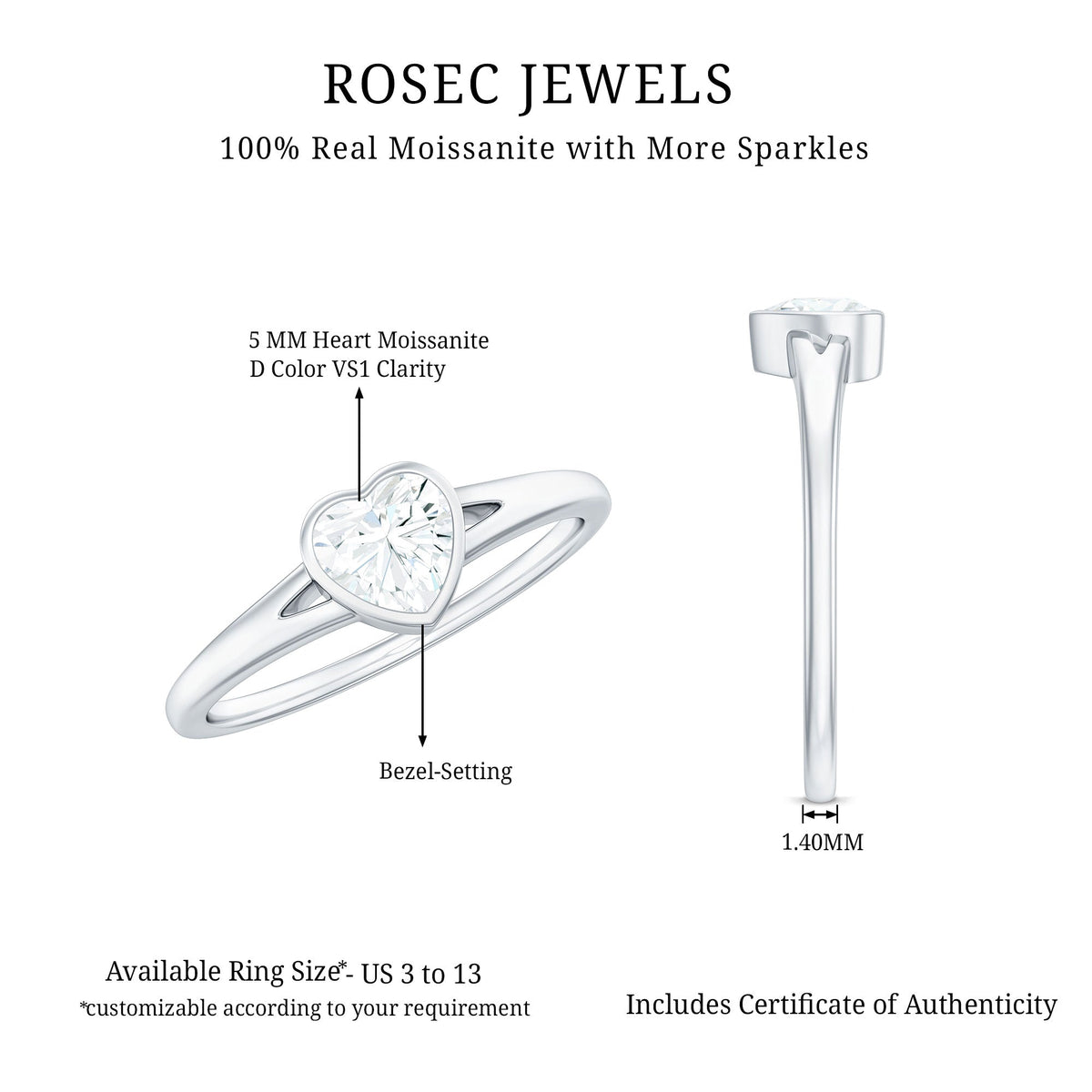 5mm Heart Shape Moissanite Solitaire Ring with Split Shank