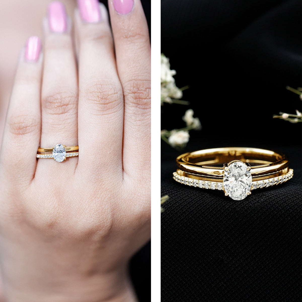Oval Cut Solitaire Moissanite Double Band Engagement Ring
