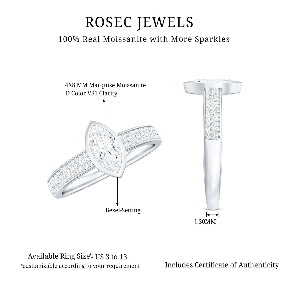 4x8mm Marquise Cut Moissanite Engagement Ring in Bezel Setting