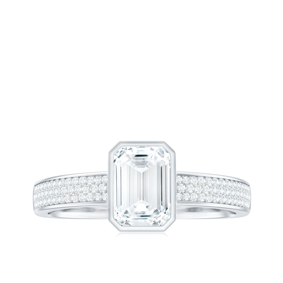 6X8mm Emerald Cut Moissanite Bezel Set Engagement Ring with Side Stones