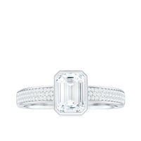 6X8mm Emerald Cut Moissanite Bezel Set Engagement Ring with Side Stones