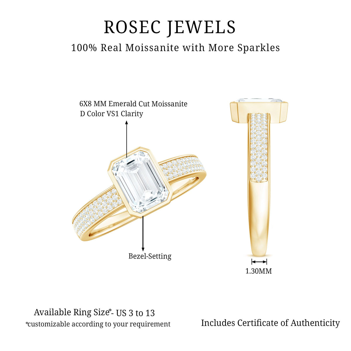 6X8mm Emerald Cut Moissanite Bezel Set Engagement Ring with Side Stones