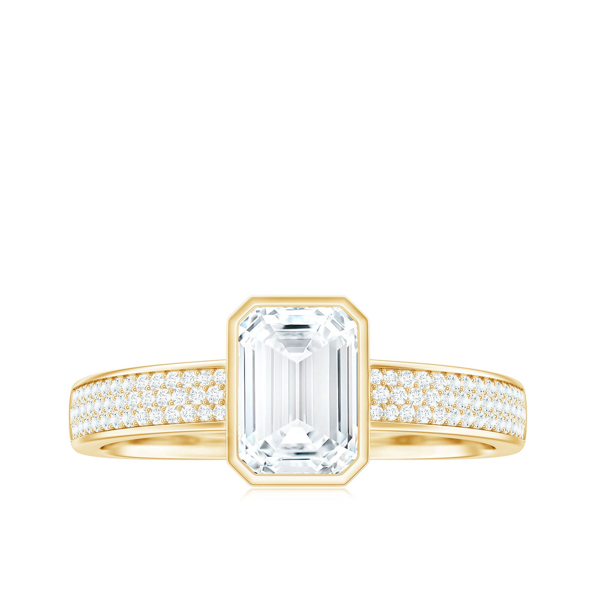 6X8mm Emerald Cut Moissanite Bezel Set Engagement Ring with Side Stones