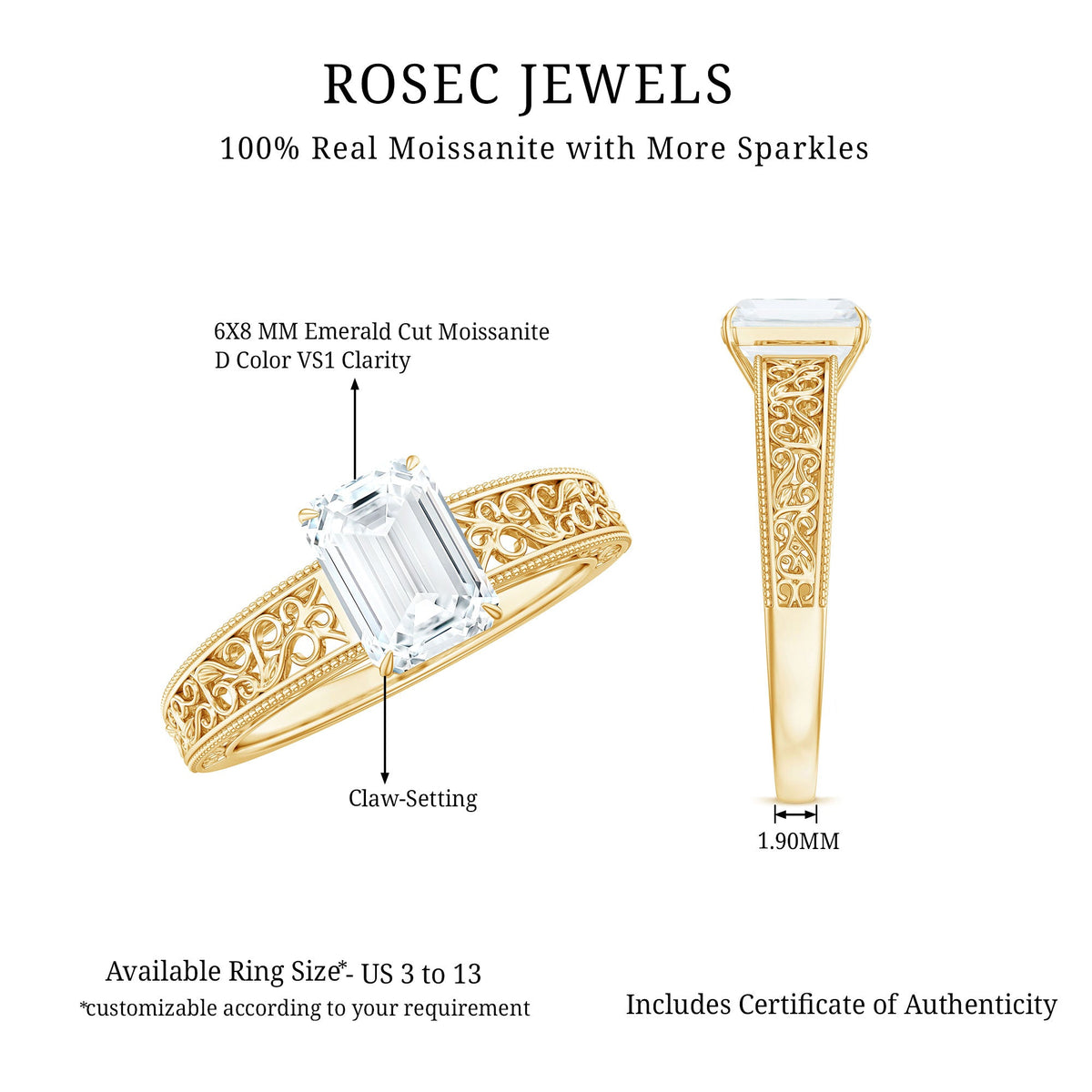 Certified Emerald Cut Moissanite Filigree Engagement Ring for Women