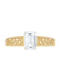 Certified Emerald Cut Moissanite Filigree Engagement Ring for Women