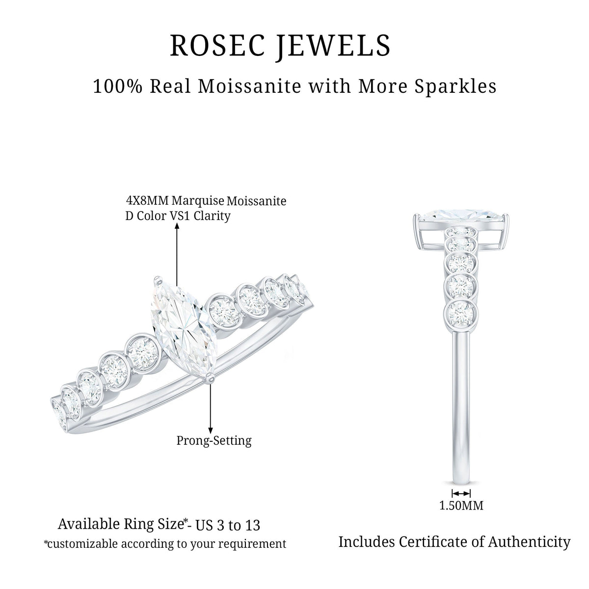 4X8mm Marquise Cut Moissanite Solitaire Engagement Ring with Side Stones