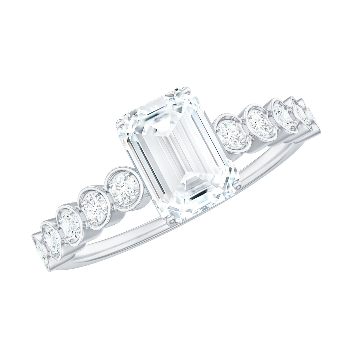 Certified Emerald Cut Moissanite Solitaire Engagement Ring with Side Stones