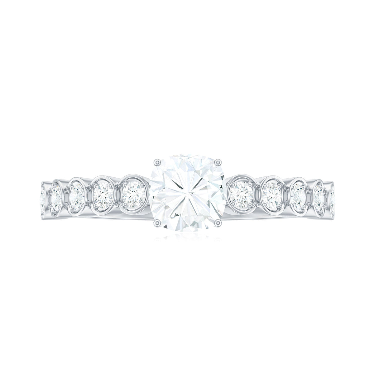 6mm Cushion Cut Moissanite Solitaire Engagement Ring with Side Stones