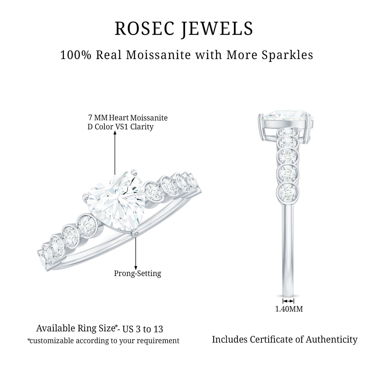7mm Heart Shape Certified Moissanite Solitaire Engagement Ring