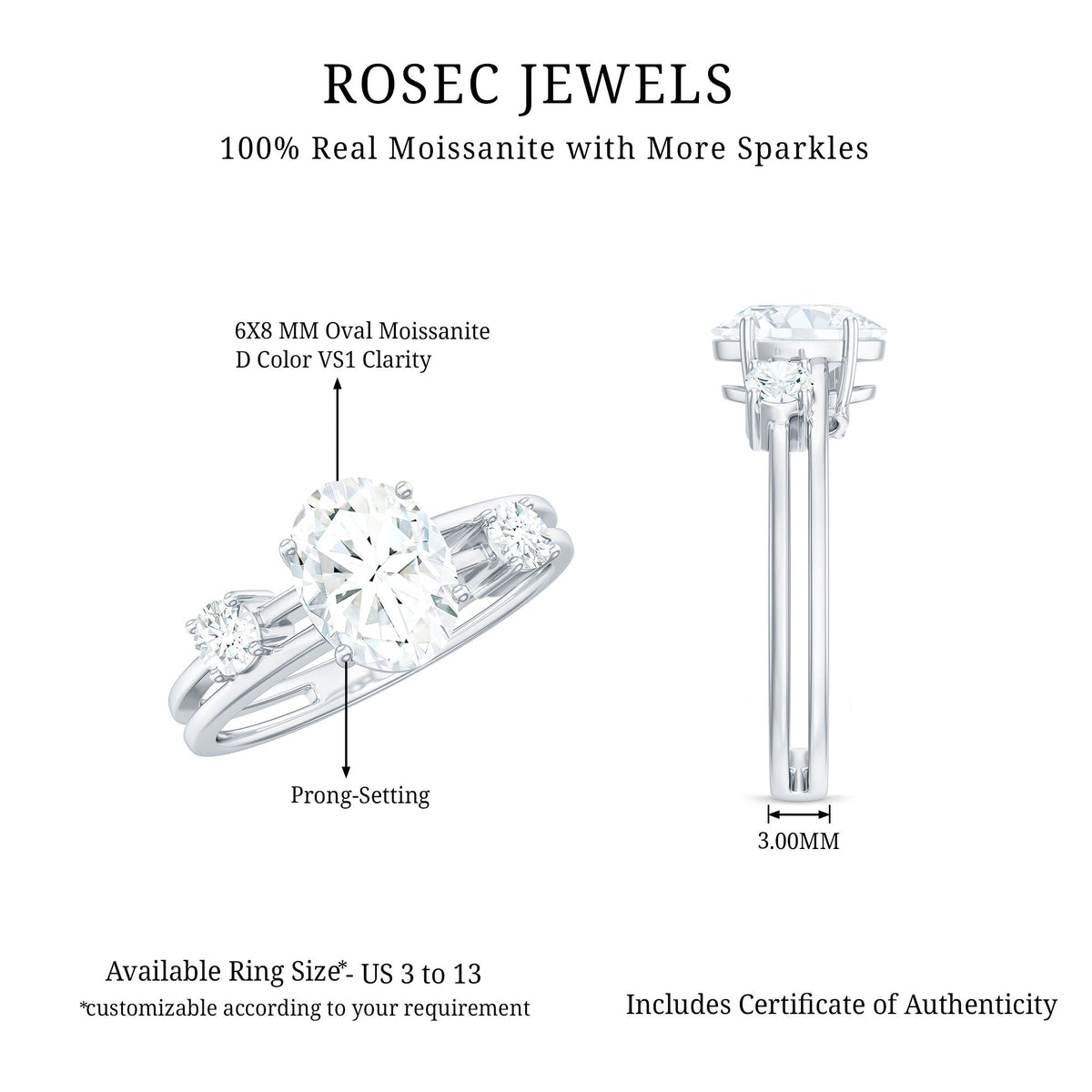6X8mm Oval Cut Certified Moissanite Solitaire Engagement Ring