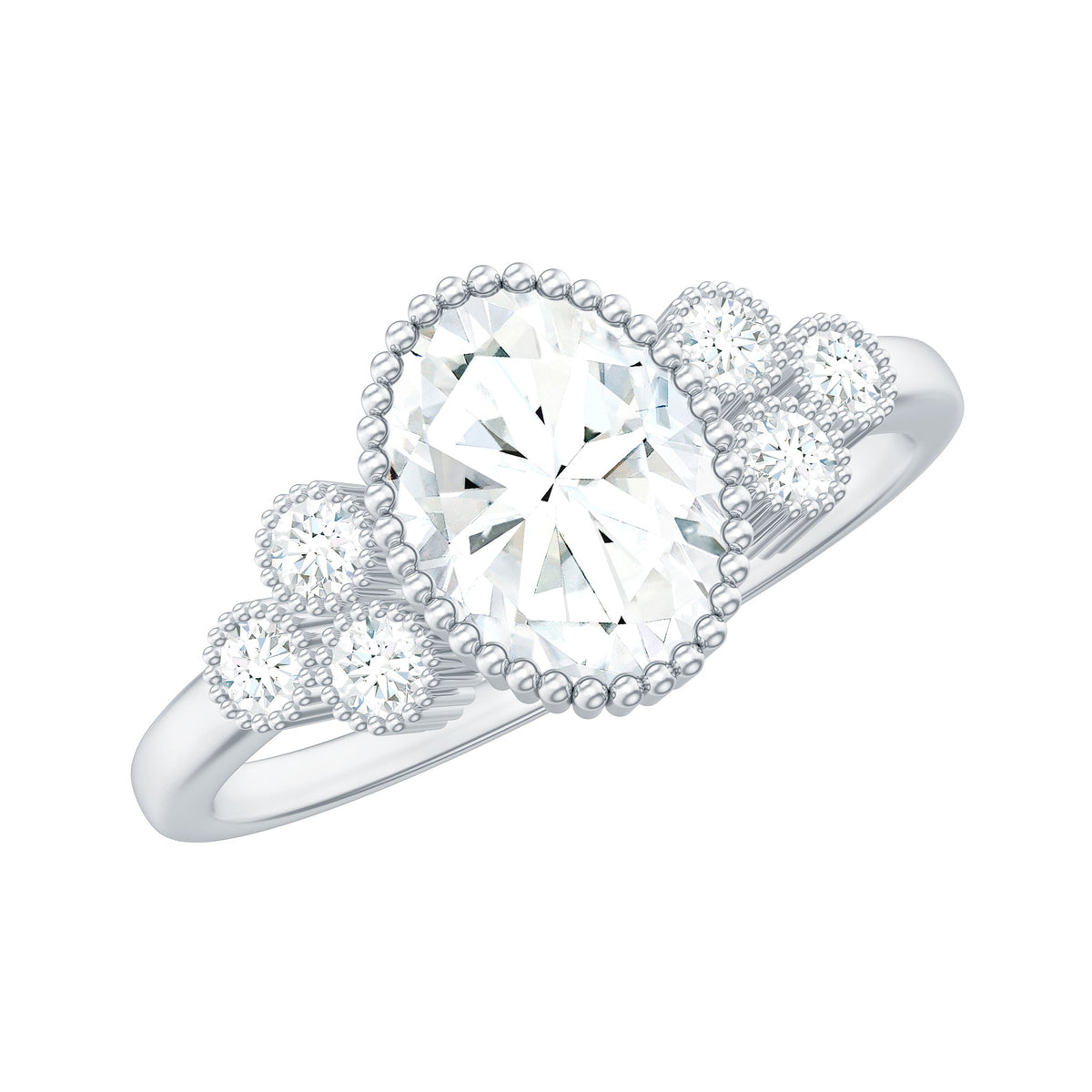 6x8mm Oval Cut Moissanite Classic Engagement Ring with Trio