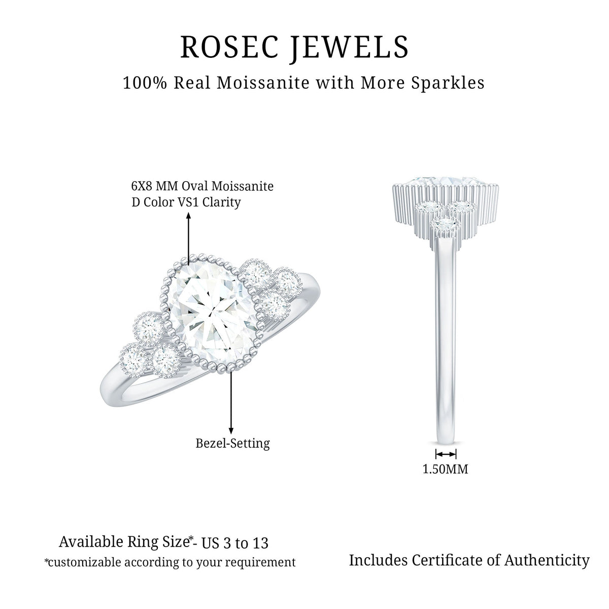 6x8mm Oval Cut Moissanite Classic Engagement Ring with Trio
