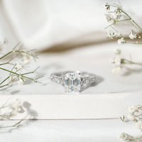 7X9 mm Emerald Cut Moissanite Solitaire Celtic Ring with Engraved Shank