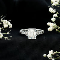 7X9 mm Emerald Cut Moissanite Solitaire Celtic Ring with Engraved Shank