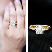 7X9 mm Emerald Cut Moissanite Solitaire Celtic Ring with Engraved Shank