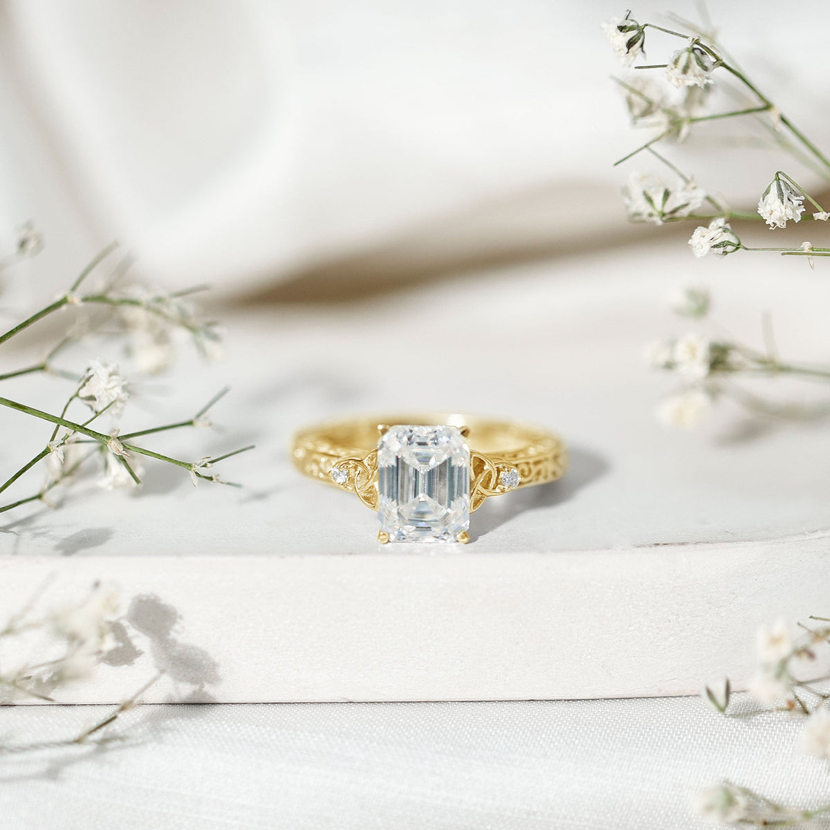 7X9 mm Emerald Cut Moissanite Solitaire Celtic Ring with Engraved Shank