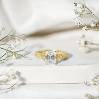 7X9 mm Emerald Cut Moissanite Solitaire Celtic Ring with Engraved Shank