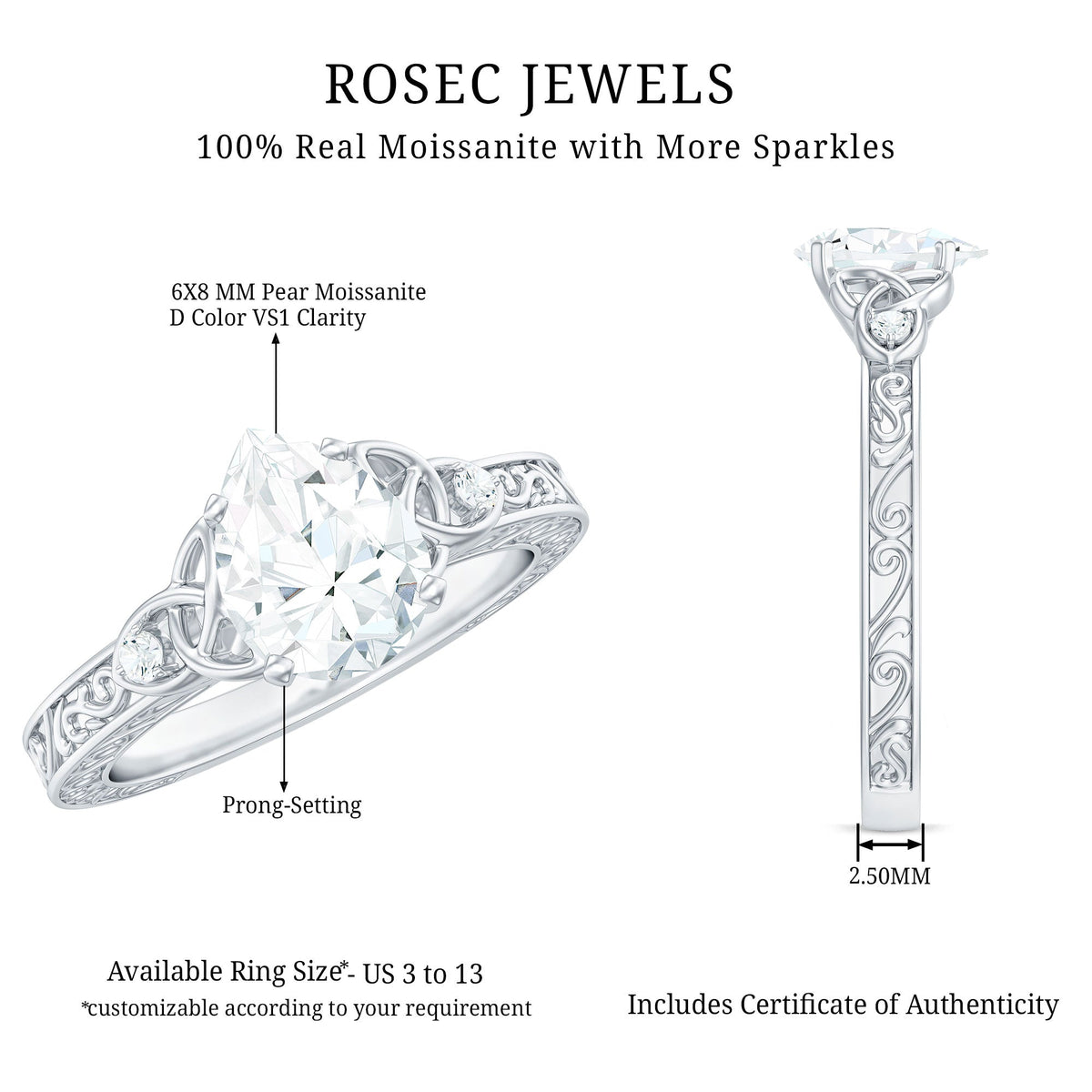 6X8 MM Certified Moissanite Teardrop Solitaire Engagement Ring with Engraved Shank