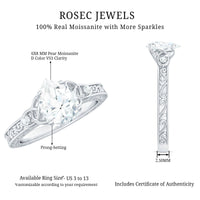 6X8 MM Certified Moissanite Teardrop Solitaire Engagement Ring with Engraved Shank