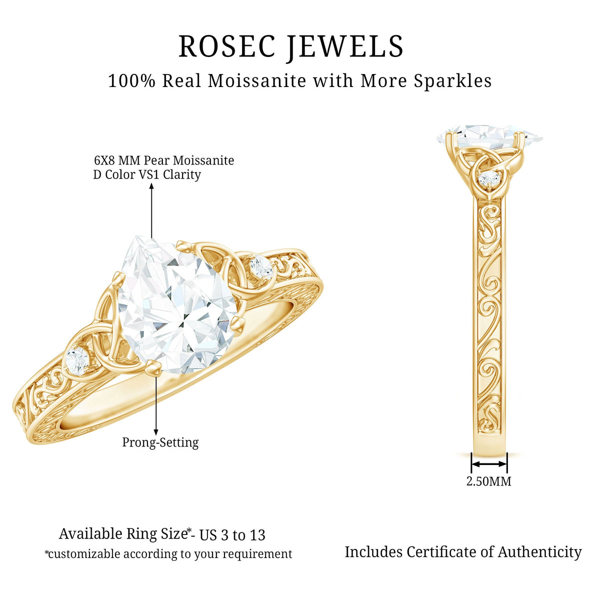 6X8 MM Certified Moissanite Teardrop Solitaire Engagement Ring with Engraved Shank