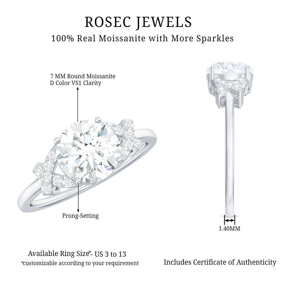 7x7mm Brilliant Cut Moissanite Solitaire Engagement Ring for Women