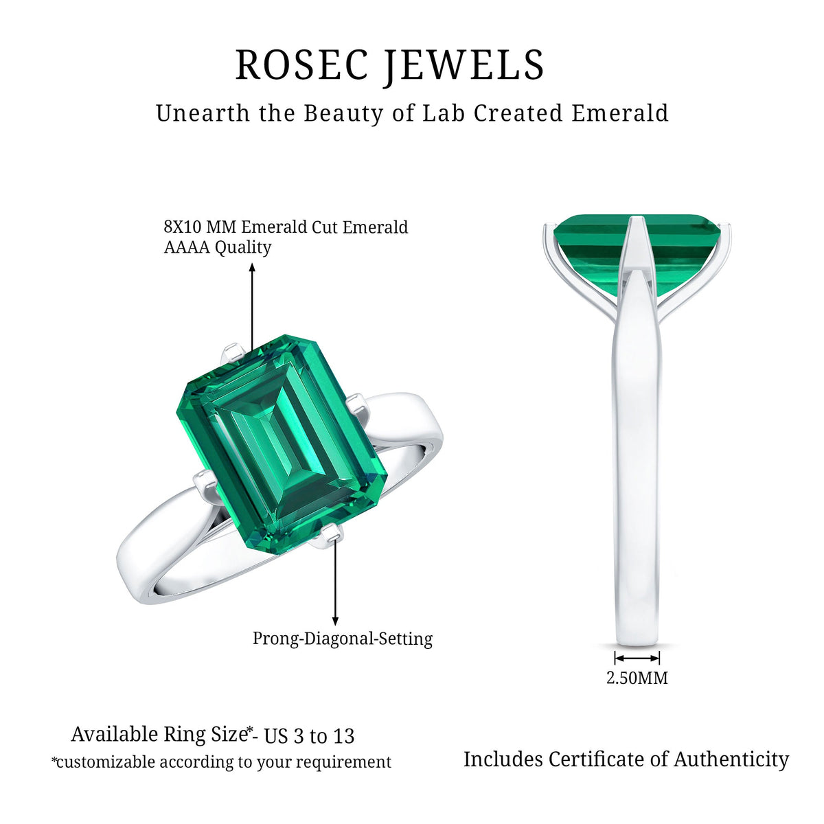 8X10 MM Octagon Lab Grown Emerald Solitaire Engagement Ring