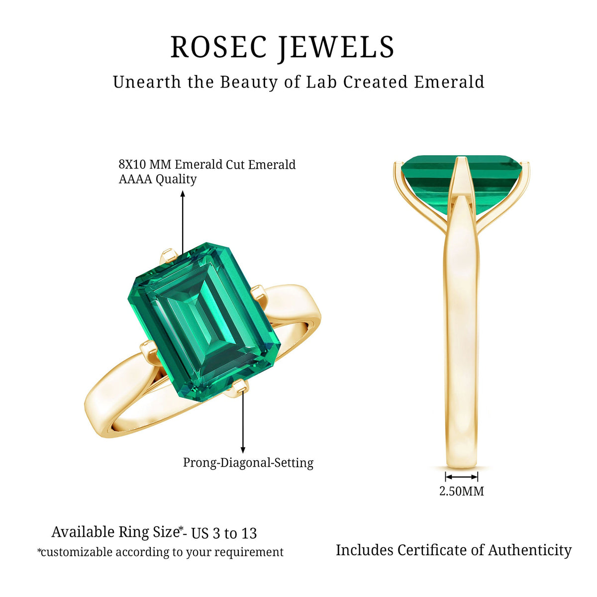 8X10 MM Octagon Lab Grown Emerald Solitaire Engagement Ring