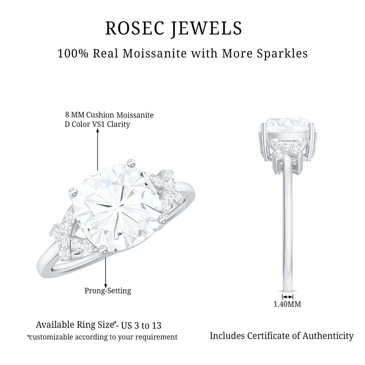 8X8mm Cushion Cut Moissanite Solitaire Engagement Ring for Women