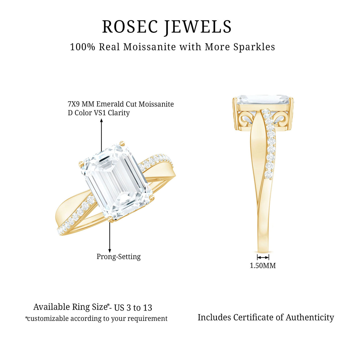 7x9mm Emerald Cut Moissanite Solitaire Classic Engagement Ring