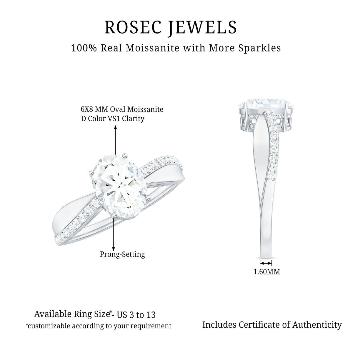 6X8mm Brilliant Cut Certified Moissanite Engagement Ring