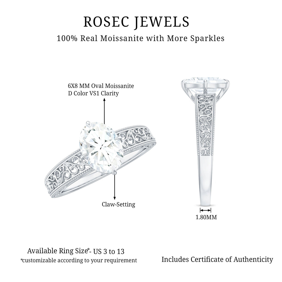 6X8mm Moissanite Oblong Engagement Ring with Filigree Shank
