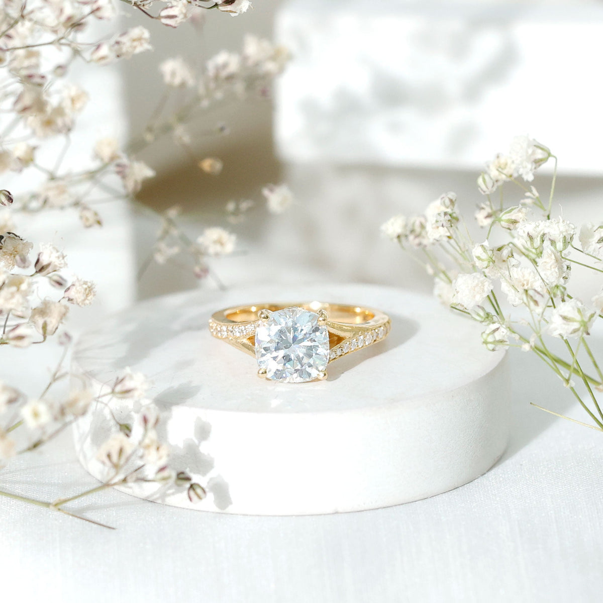 Huge Cushion Cut Moissanite Engagement Ring with Split Shank