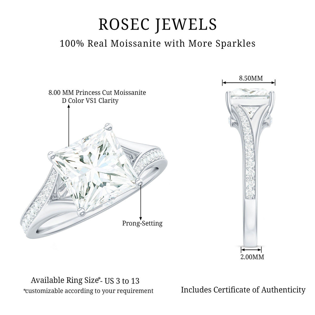 8 mm Princess Cut Moissanite Solitaire Engagement Ring with Split Shank