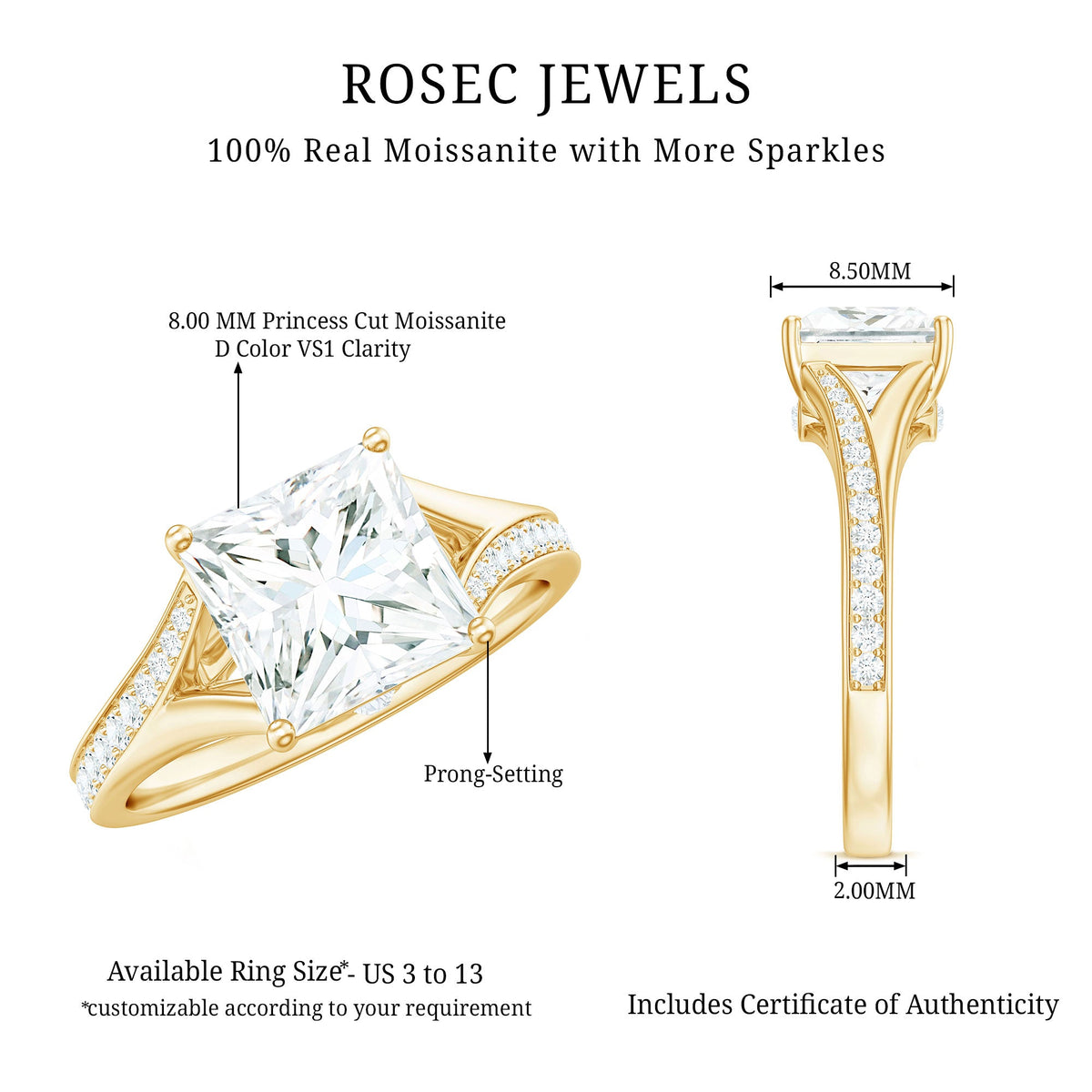 8 mm Princess Cut Moissanite Solitaire Engagement Ring with Split Shank